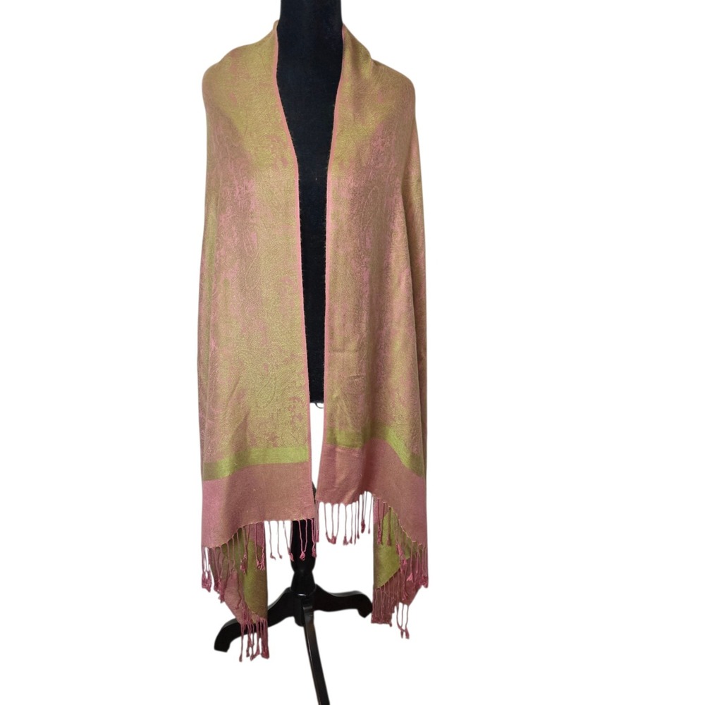 Pashmina Pink Gold Paisley Silk Blend Shawl Wrap Fringe Evening Scarf